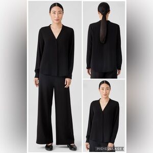 Eileen Fisher Black Silk Georgette Crepe V-Neck Shirt Size M